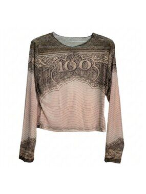 NIP | Sheer Mesh "100" Currency Print Top | Long Sleeve | Crew Neck | XL